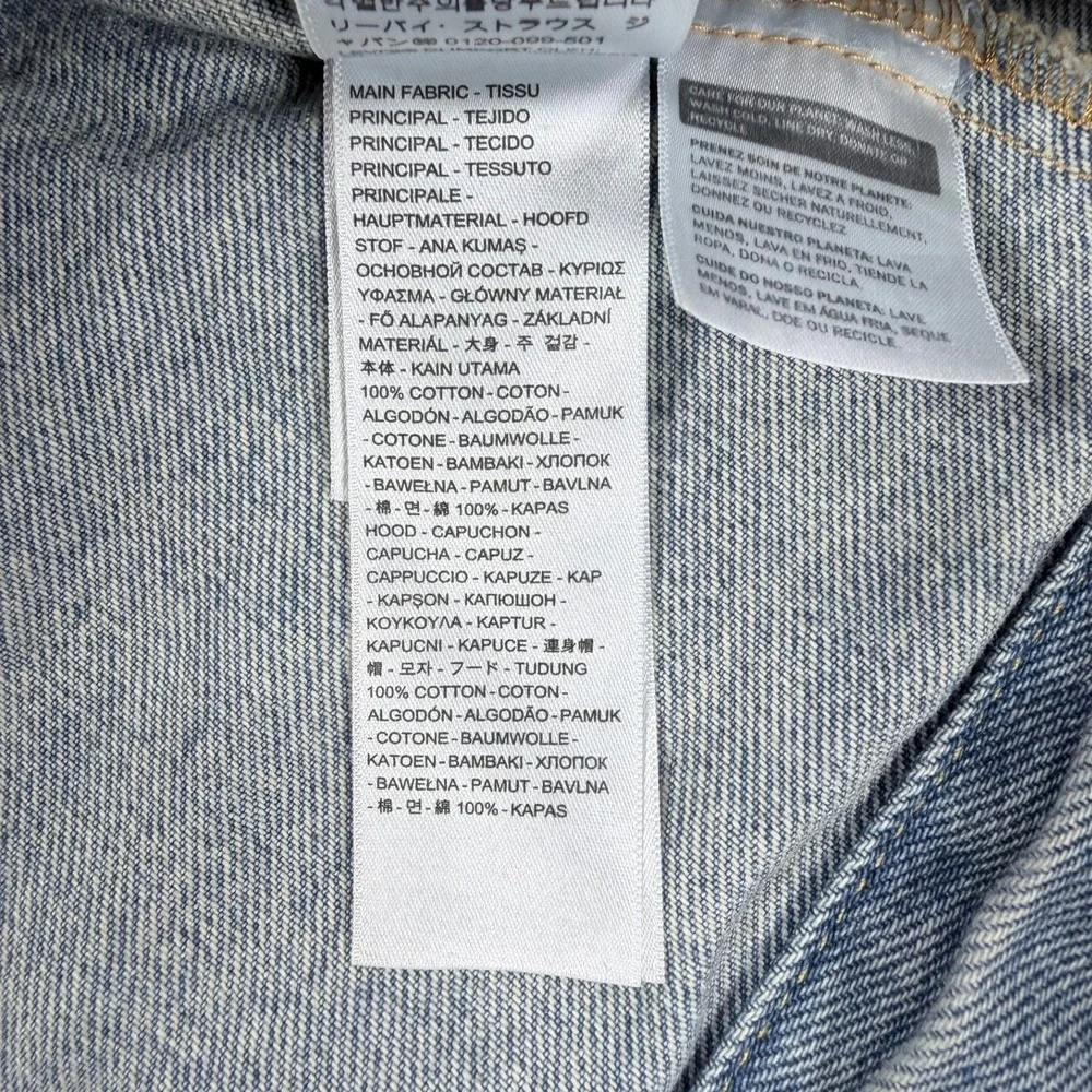 Levi's Mens S Blue Cotton Denim Relaxed Hybrid Trucker Jacket Grey Jersey Hooded